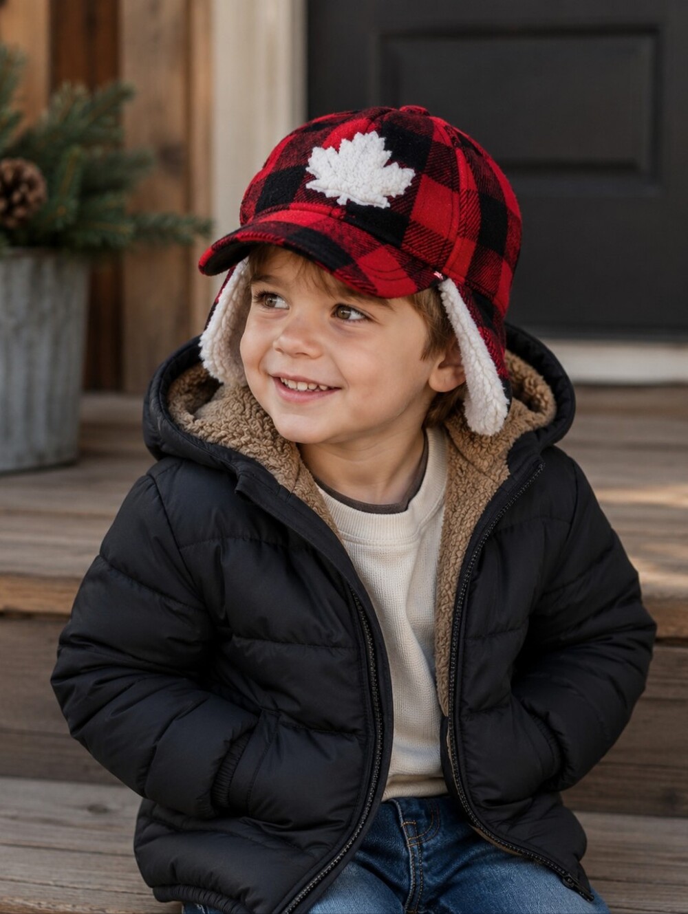 Kids Buffalo Plaid Hat with White Maple Patch and Sherpa Ear Flaps, Size 2T-5T